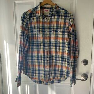 Levi's orange and blue plaid button-up shirt - great for casual, outdoor wear